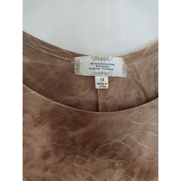 Shannon Ford New York Scoop Neck Embroidered Distressed Brown Tan Blouse Size 1X - Picture 2 of 5
